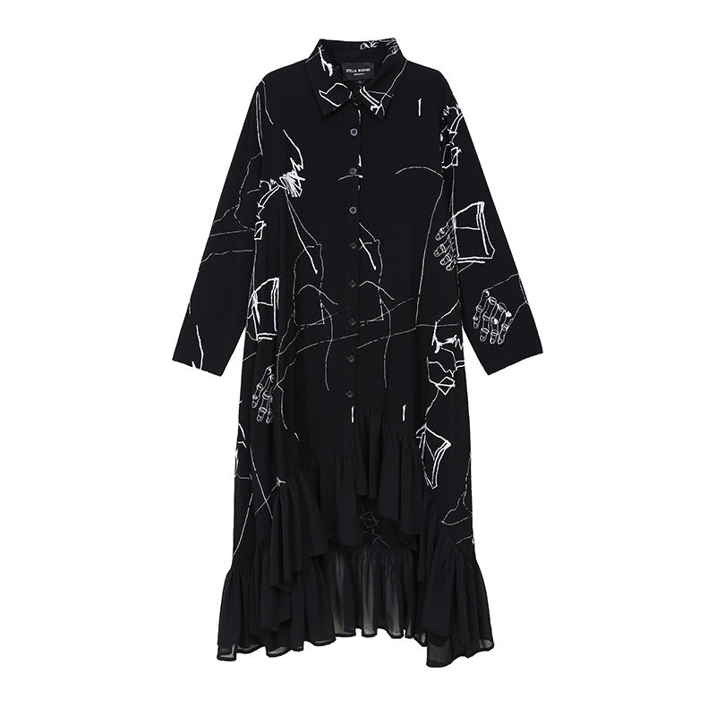 Women's Black Loose Chiffon Ruffle Dress