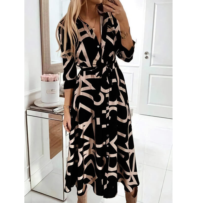 Printed Long Sleeve Lace Up Dress