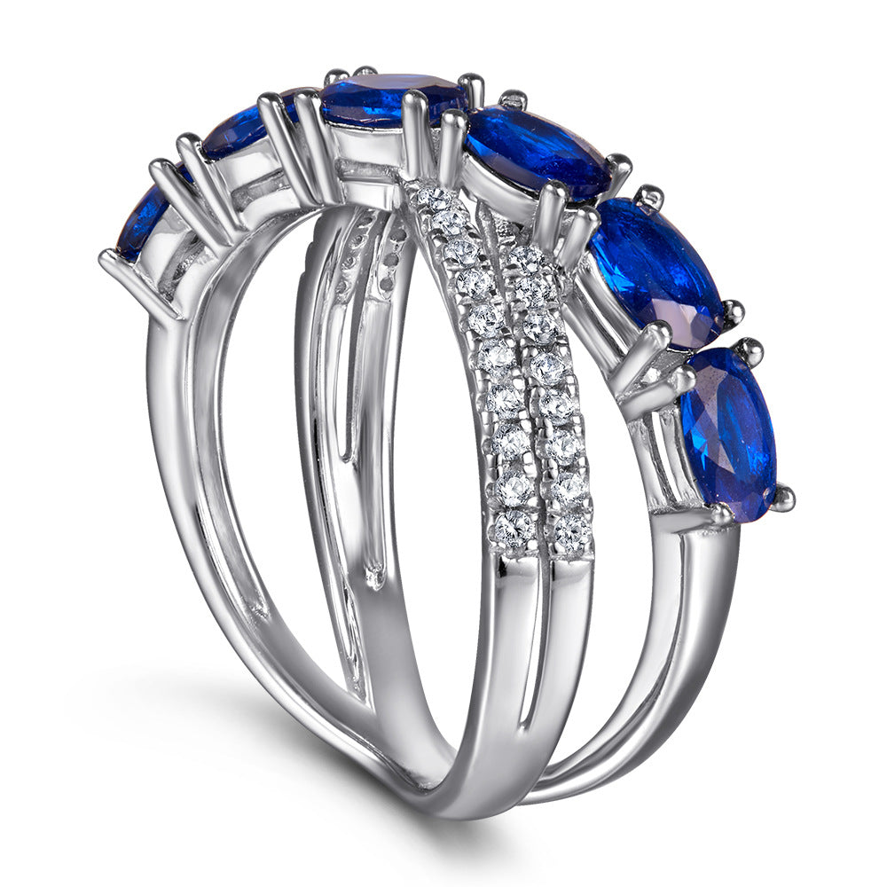 Blue Gemstone Cross Sterling Silver Ladies Ring