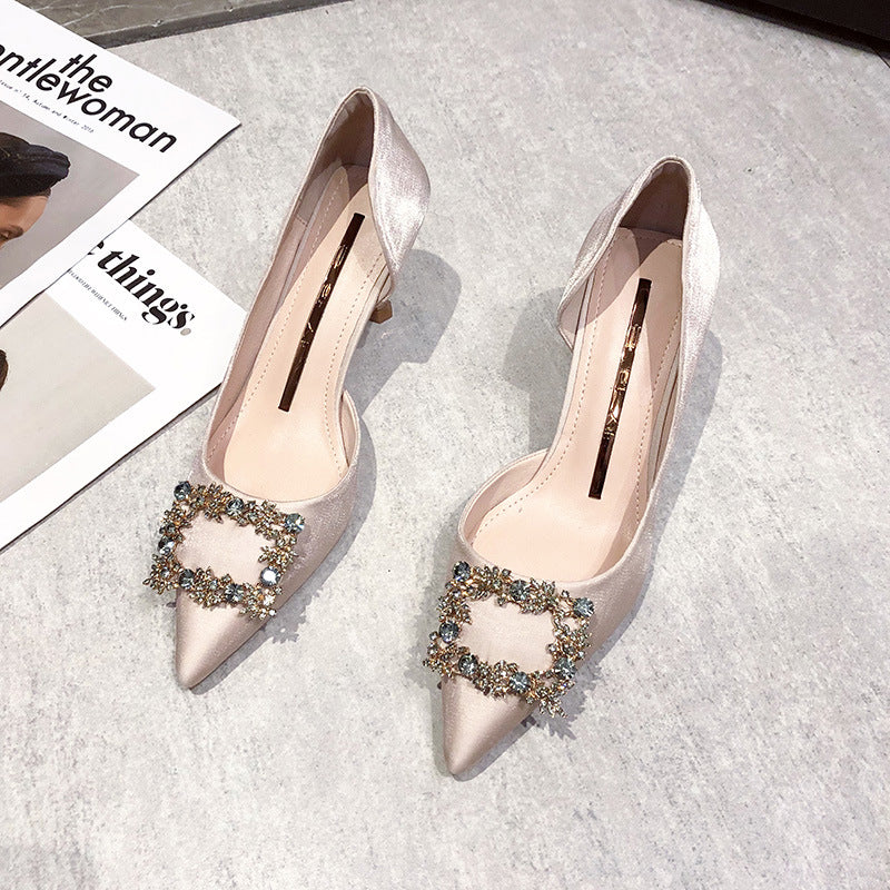 Pointed Toe Shoes Women's Side Hollow Rhinestones