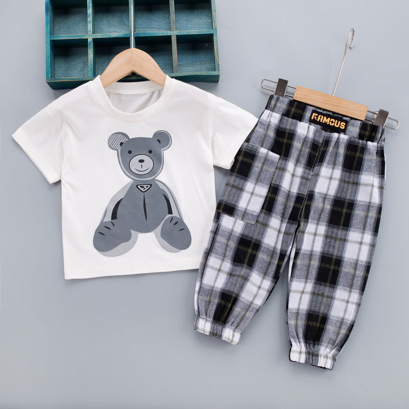 Children's Casual Children's Suit Boys Cartoon Bear T-shirt Short-sleeved Plaid Trousers