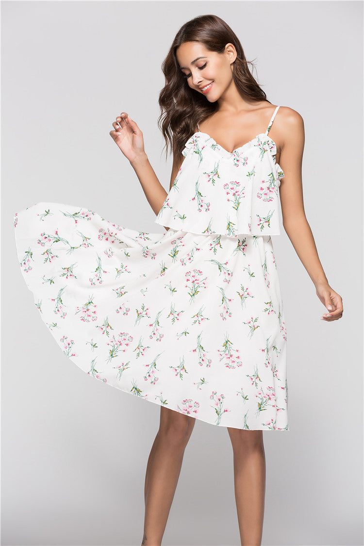 V-Neck Loose Back Loose Dress With Printed Suspenders