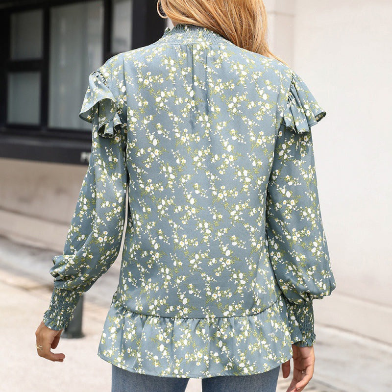 Loose Small Floral Stand-up Collar Ruffled Long-sleeved Shirt
