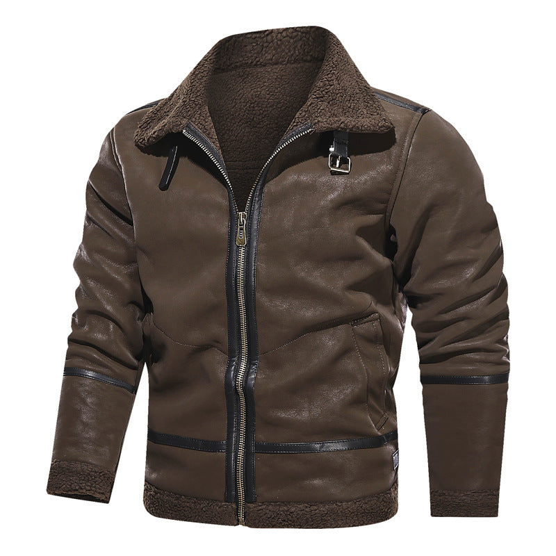 Men's European And American Style Lapel Plus Velvet Leather Jacket