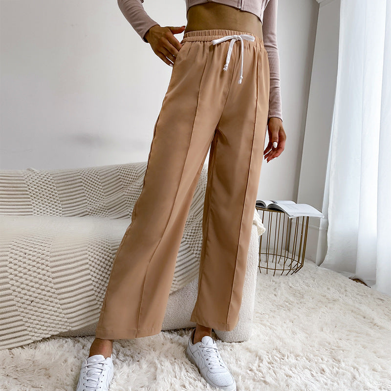 Solid Color Drawstring Casual High-Waisted Wide-Leg Pants