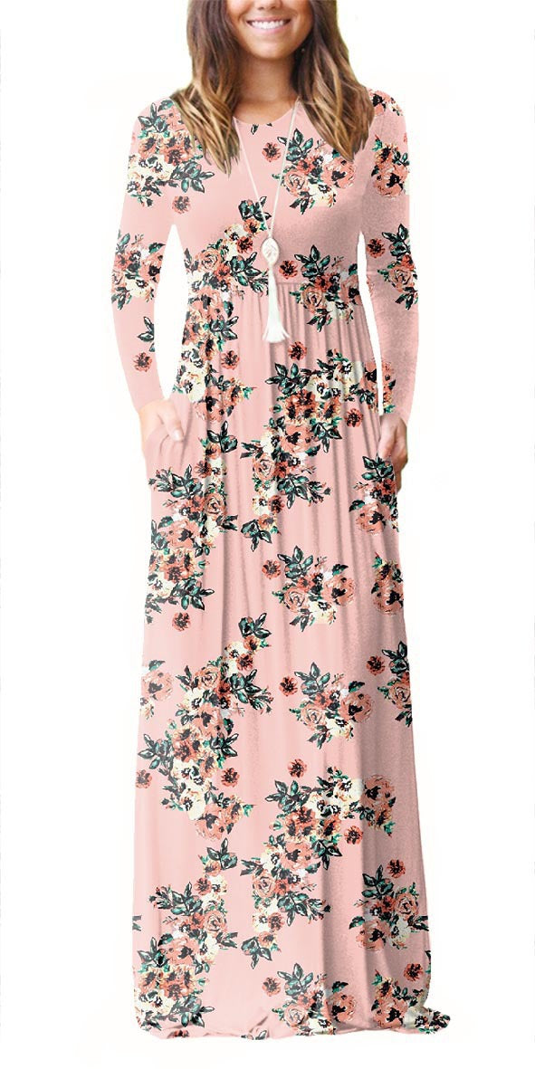Casual Printed Round Neck Pocket Dress With Long Sleeves