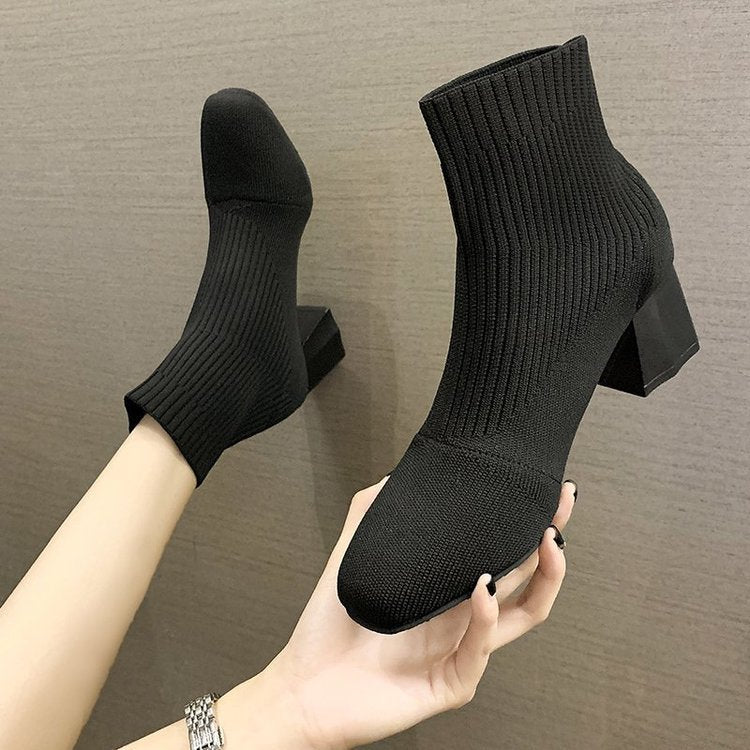 Square Toe Sleeve Boots Thick Heel Flying Knit