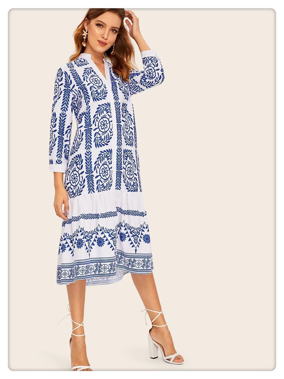 New Women's Blue And White Porcelain Printed Shirt Dress