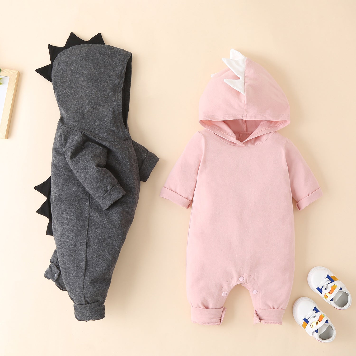 Infant FallWinter Pure Color Hooded Long Sleeve One-piece Romper