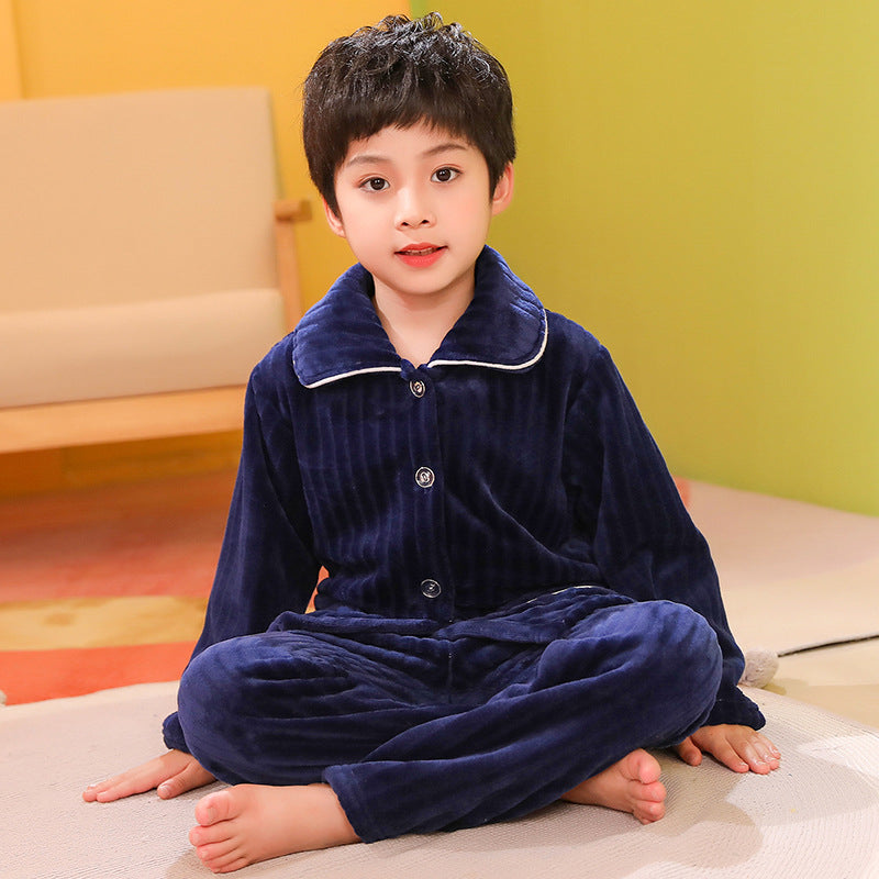 Thicken Boy's Solid Color Home Children's Flannel Pajama Set