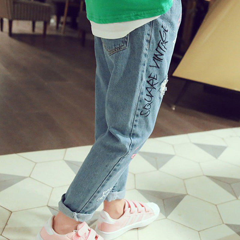 Children's Cartoon Cat Embroidery Washed Denim Trousers
