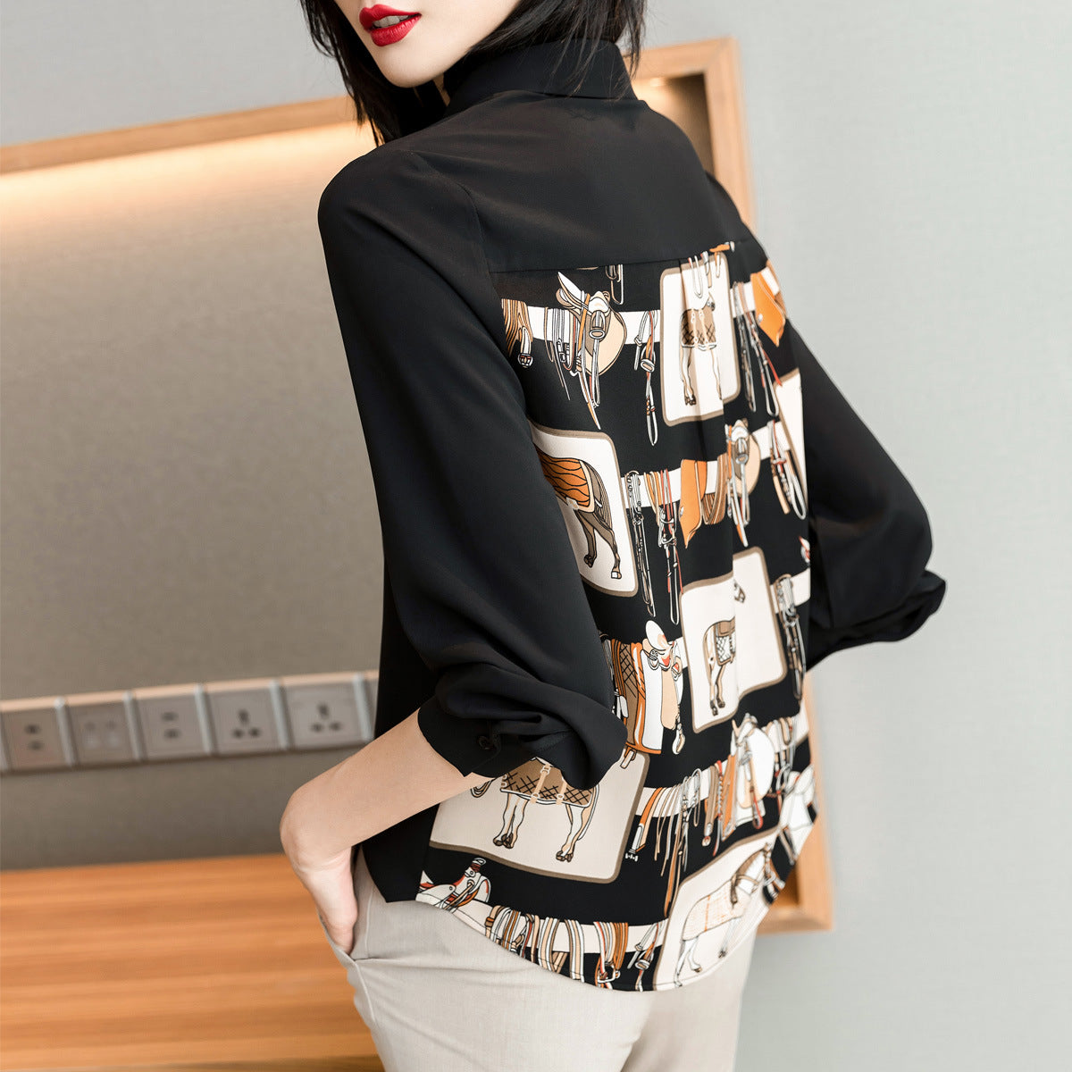 Autumn New Style Printed Black Chiffon Long-sleeved Design Women's Shirt