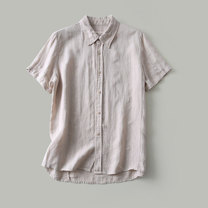 Summer New Men's Striped Shirt Retro Lapel Casual Breathable Linen Short-sleeved Shirt