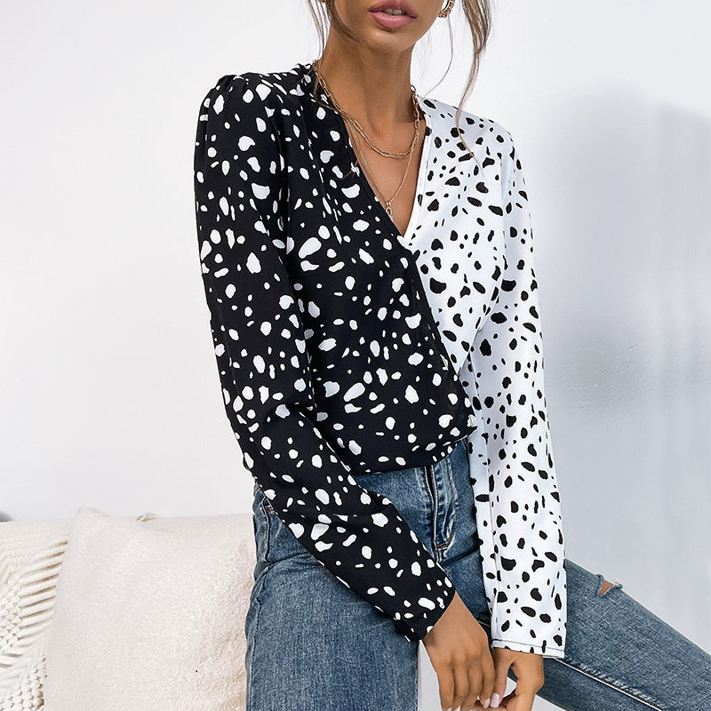 Long-Sleeved Leopard Print Pullover V-Neck Bottoming Shirt