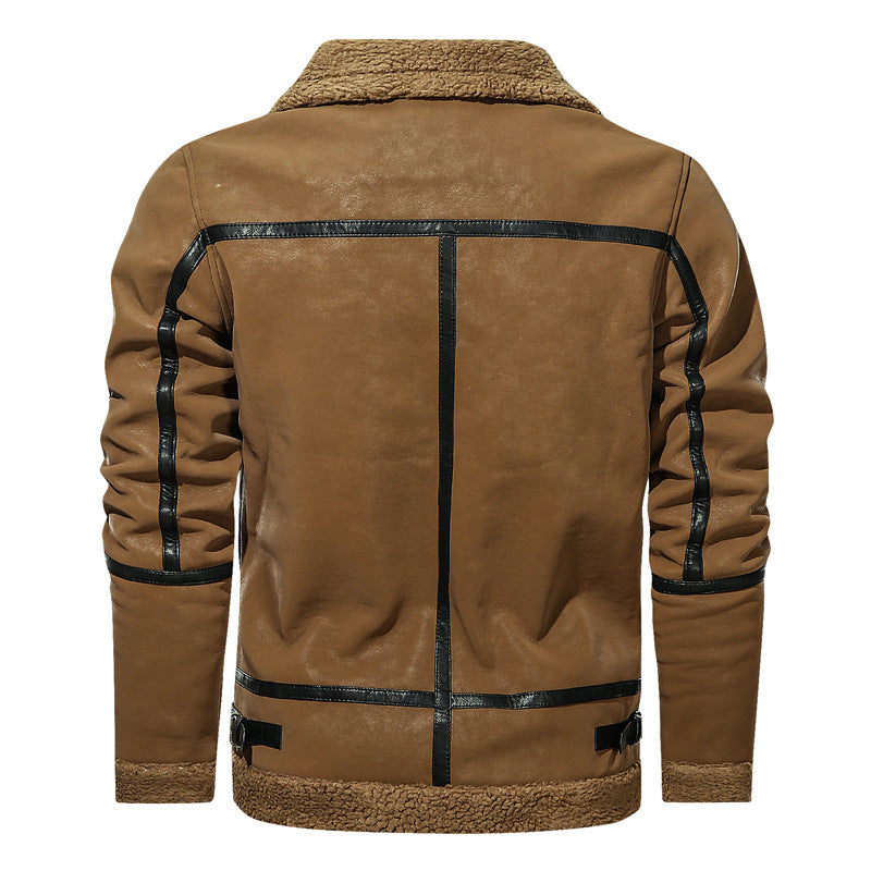 Men's European And American Style Lapel Plus Velvet Leather Jacket