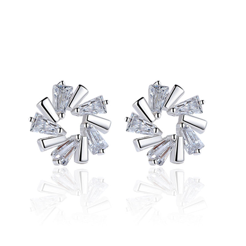 Ice Crystal Flower Love Trapezoidal Zircon Cupronickel Silver-plated Stud Earrings