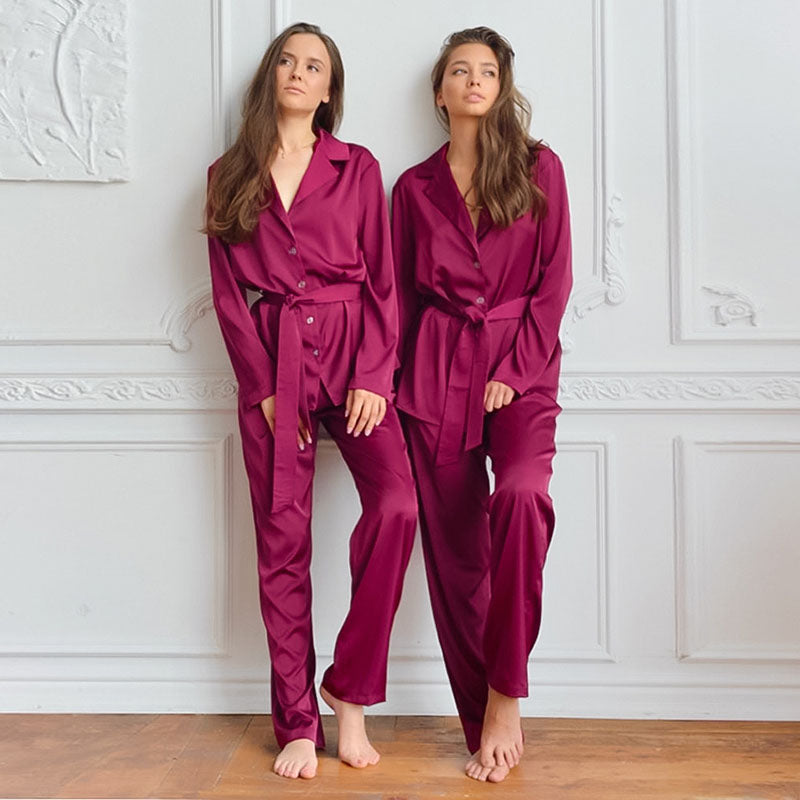 Ladies Home Furnishing Pure Color Long Sleeve Pajamas Two-piece Set