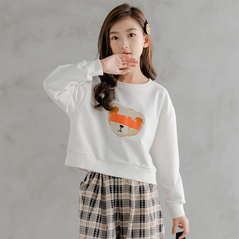 Girls' Casual Suit Cartoon Short Sweater Loose-fitted Plaid Pants
