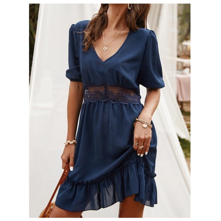 Solid Color V-neck Five-point Sleeve Sexy Dress Spring And Summer