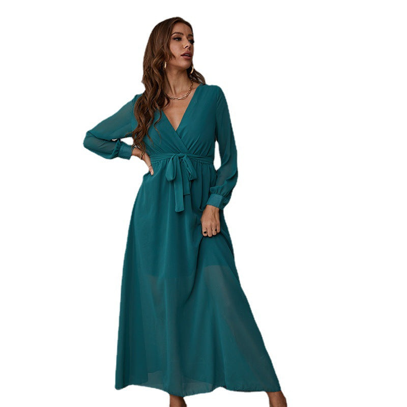 European And American Style Fashion Temperament Long-sleeved V-neck Dress Long Outerwear