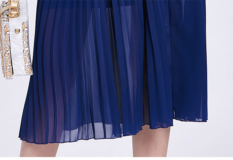 Chiffon Dress Women's Short-sleeved Gentle Wind Stand-up Collar Waist Slimming Mid-length Pleated Skirt