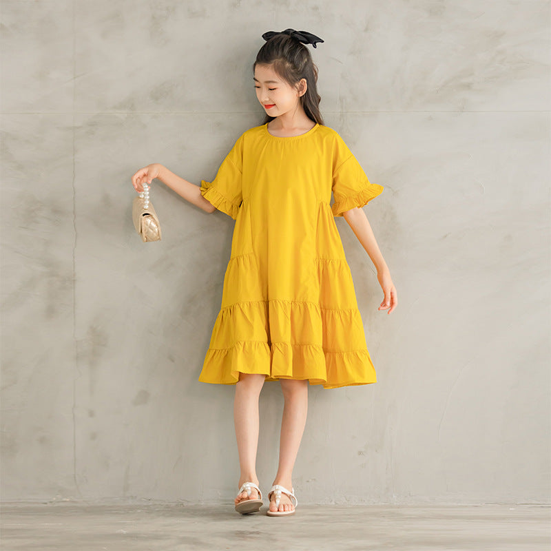 Children's Yellow Dress Solid Color Cute Sleeves