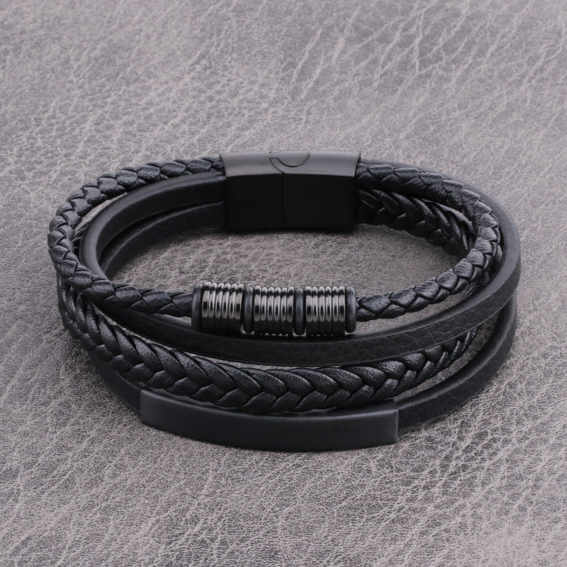 Punk Stainless Steel Charm Accessories, Multi-layer Braided Leather Cord Bracelet