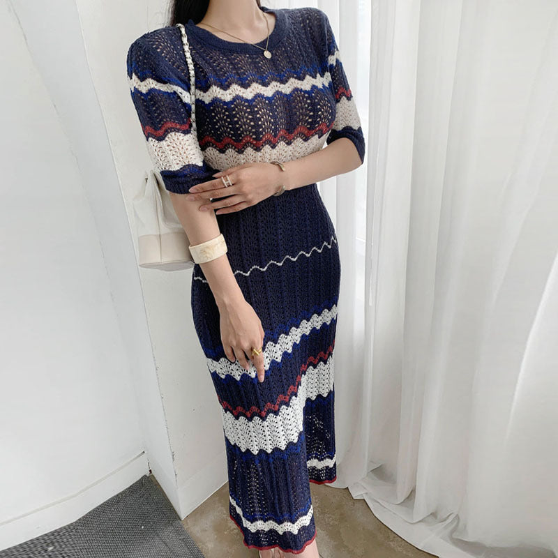 Retro Striped Contrast Color Knitted Sweater Good Figure Fashion Suit