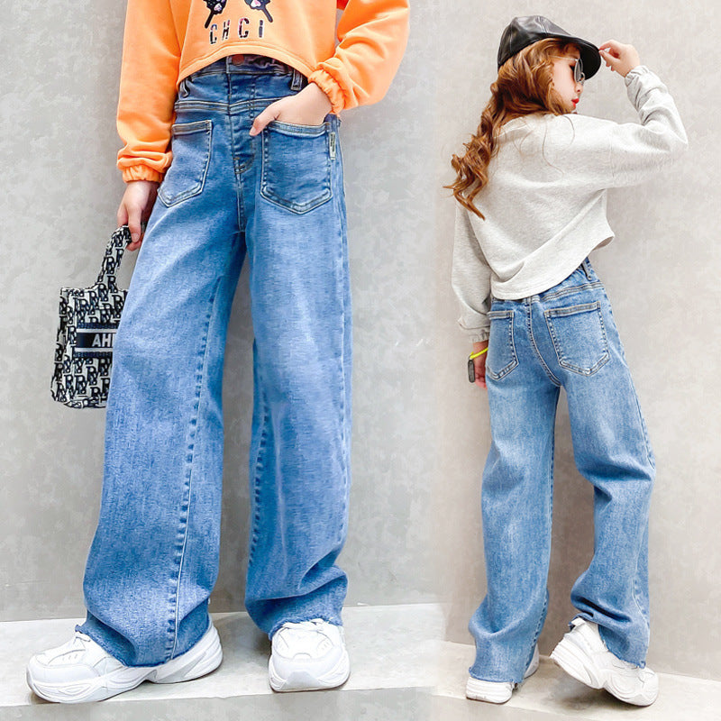 Children's High-waist Solid Color Straight-leg Pants