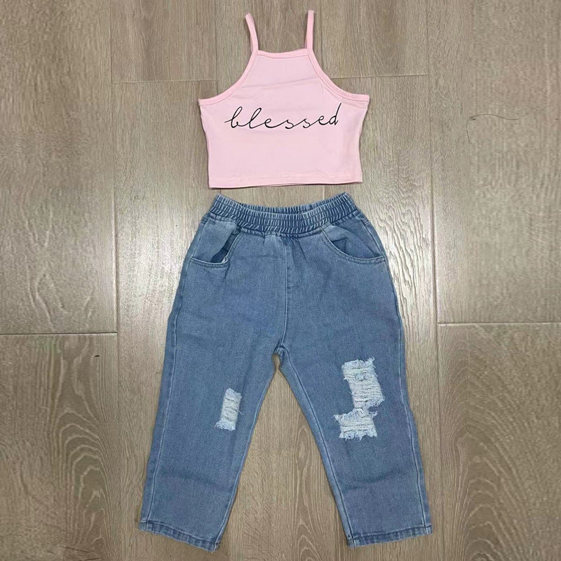 Children's Two-piece Suit With Ripped Jeans And Vest