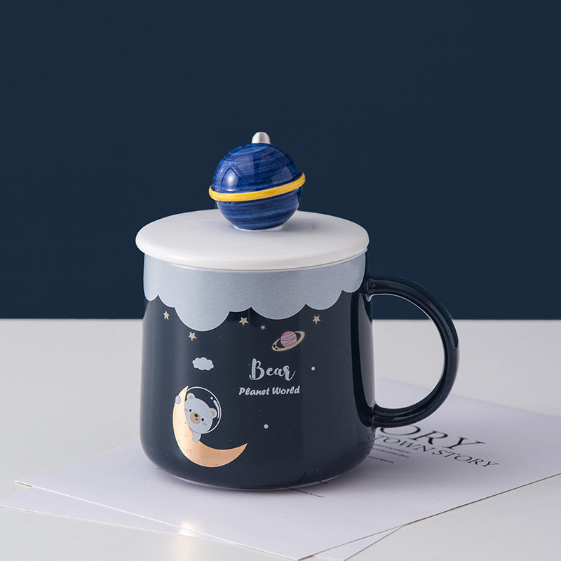 Cute Ceramic Cup With Lid Cartoon Planet Water Cup