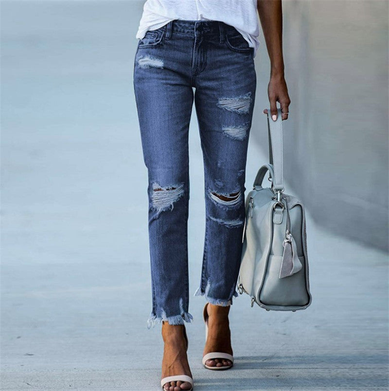 blue Ripped Jeans Trousers for women