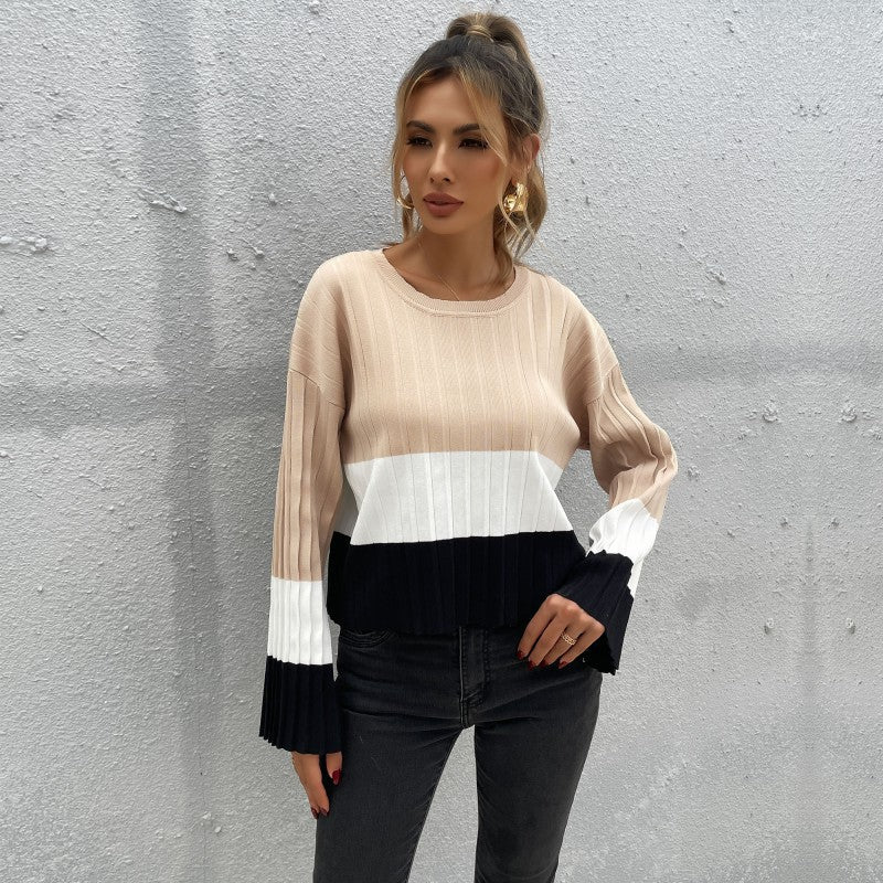 Colorblock Round Neck Long-Sleeved Knitted Sweater