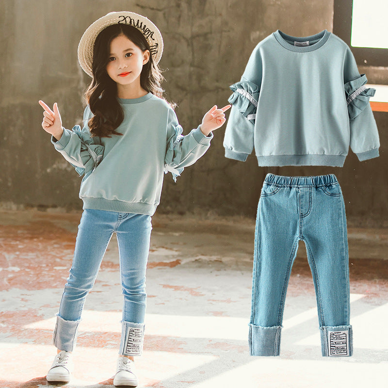 Girls' Lace Sleeve Jeans Two-Piece Set