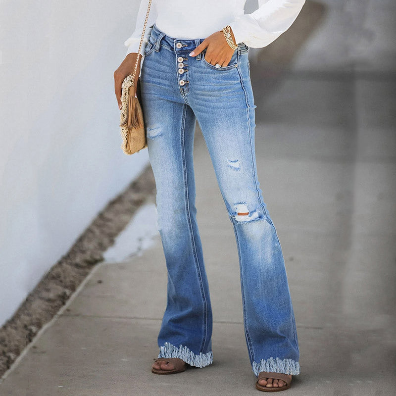 Fringed Straight Leg European And American Ripped Jeans