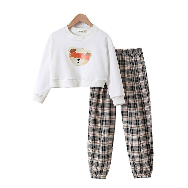 Girls' Casual Suit Cartoon Short Sweater Loose-fitted Plaid Pants