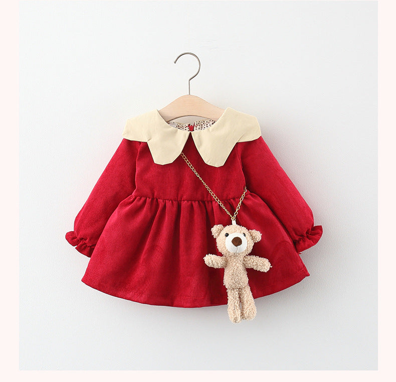 Pure Color Cartoon Bear Bag Corduroy Baby Dress