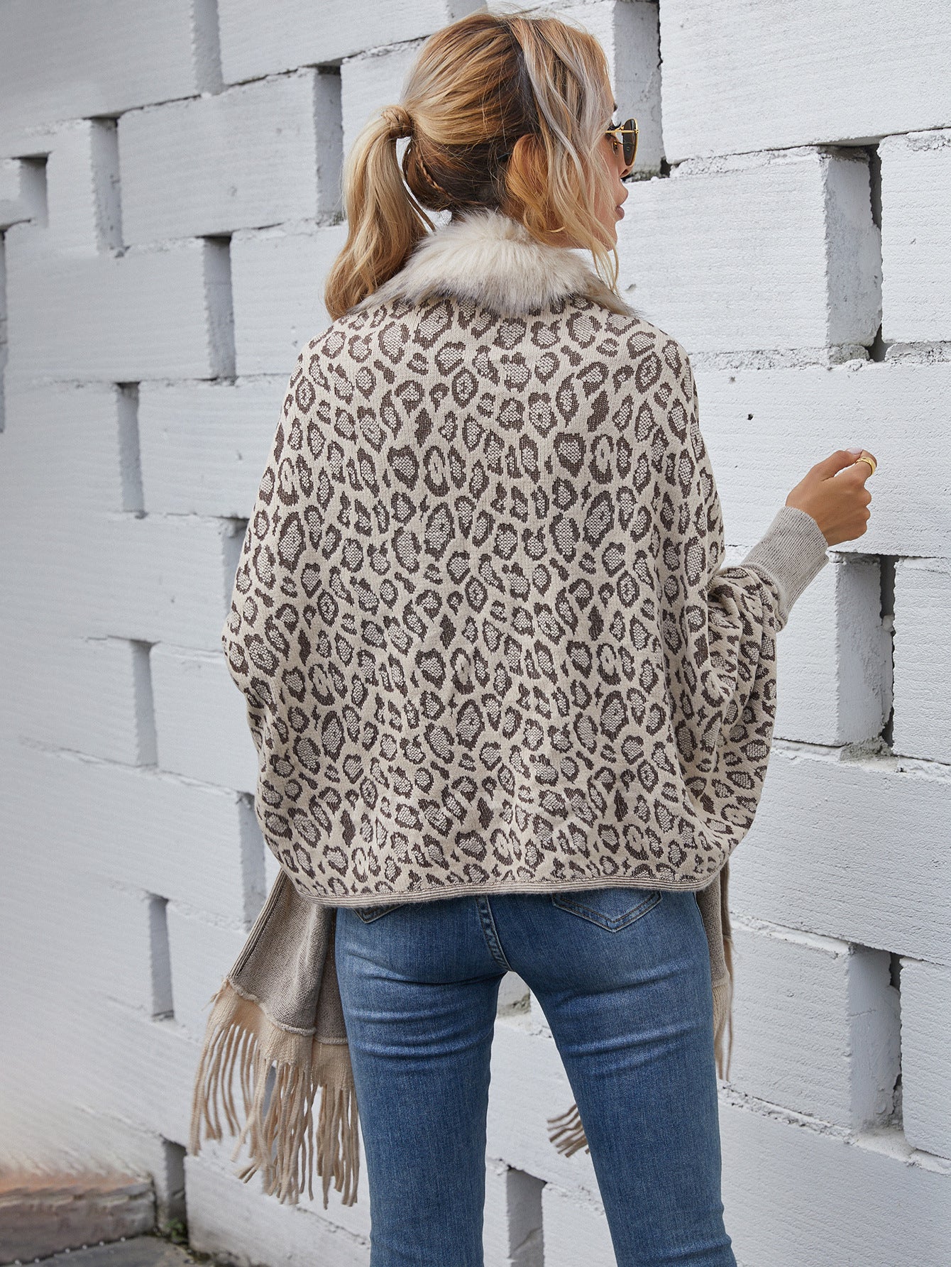Leopard Sweater Fur Collar Cardigan Shawl Knitted Jacket