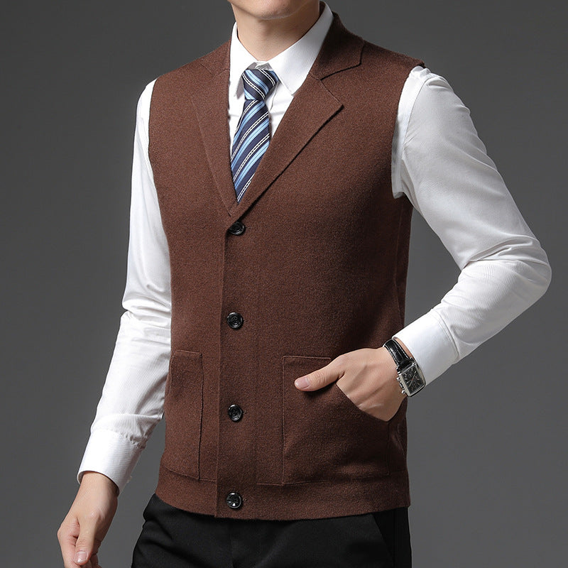 Solid Color Suit Collar Single-breasted Young And Middle-aged Men's Knitted Wool Vest