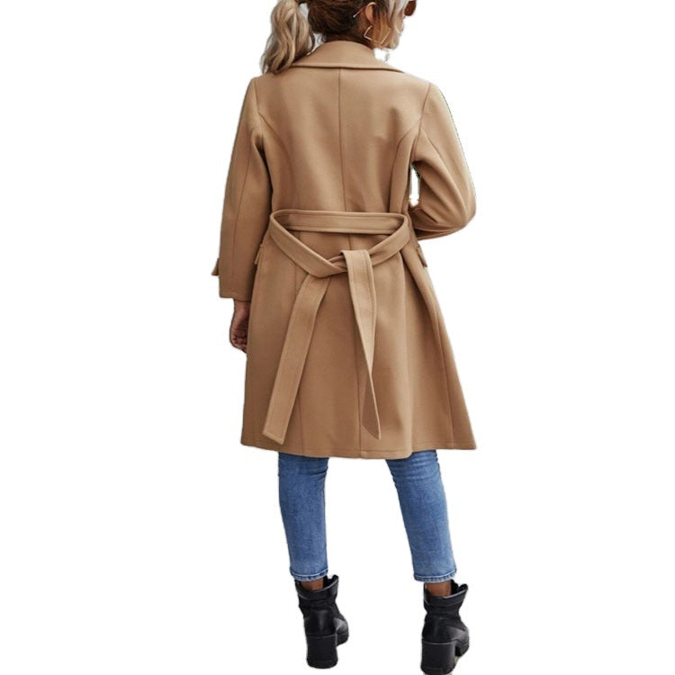 Capable And Fashionable Temperament Lapel Tie-up Slim Mid-length Casual Cashmere Coat Jacket