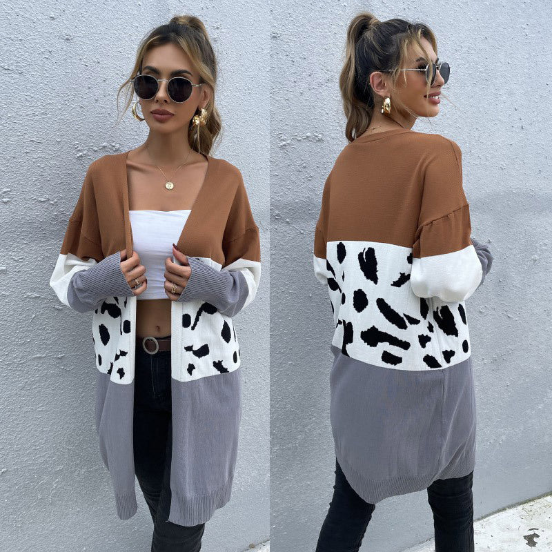 Leopard Print Stitching Cardigan Knitted Sweater Coat