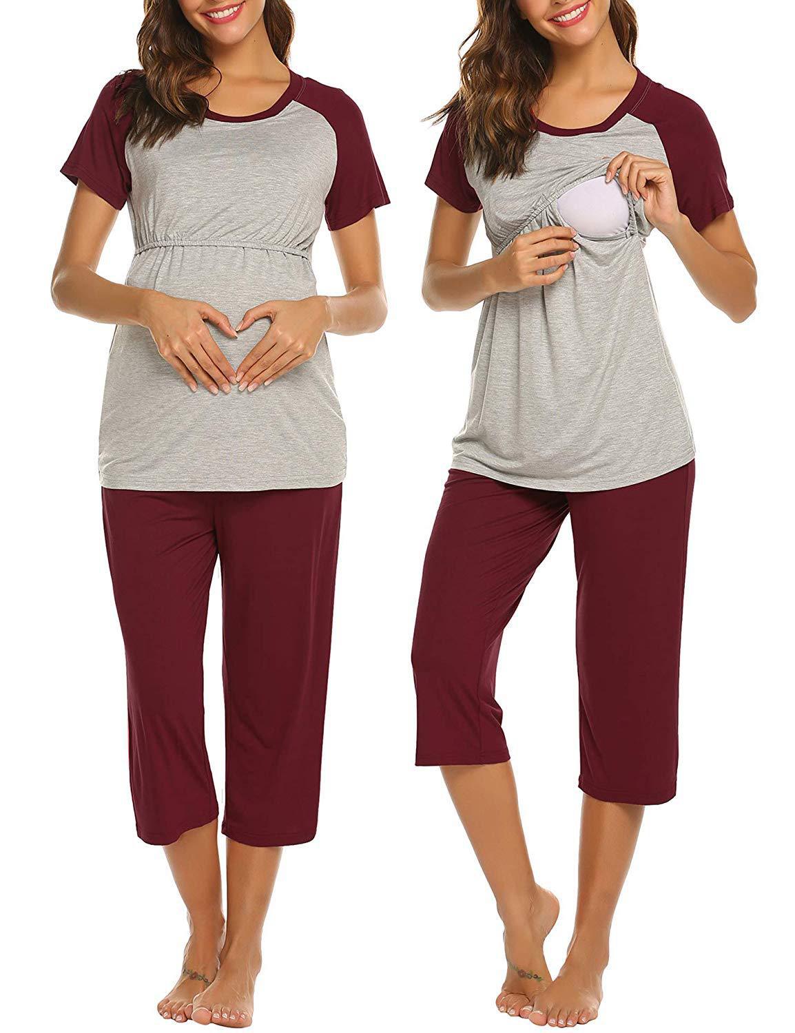 Maternity Short-sleeved Solid Color Stitching Nursing Tops Pajamas Set