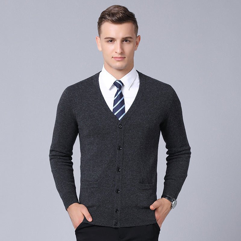 Men's Solid Color Full Wool Cardigan V-Neck Casual Men's Long Sleeve Sweater