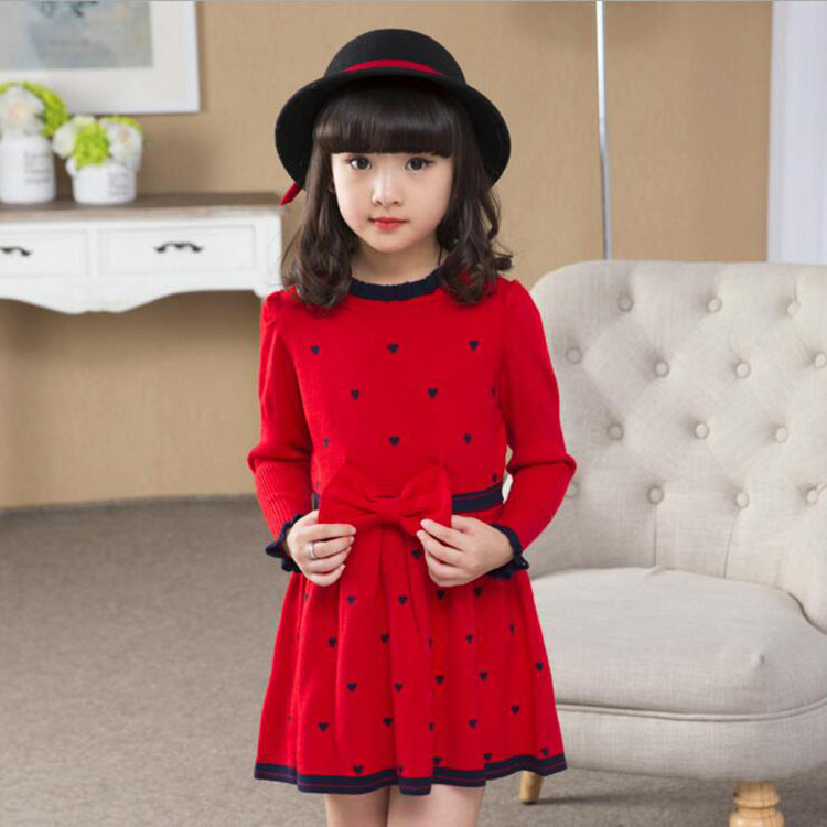 Children's Clothing Color Selection Girl Sweater Dress Long-sleeved Round Neck Bow Stitching Korean Princess Dress