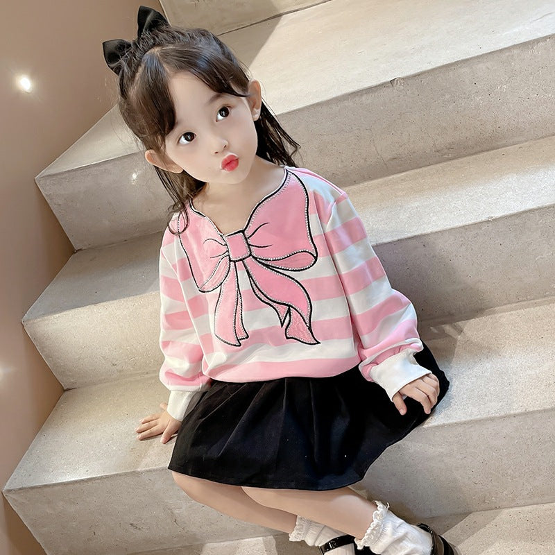 Children's Personality Cute Bow Striped Long-sleeved Top