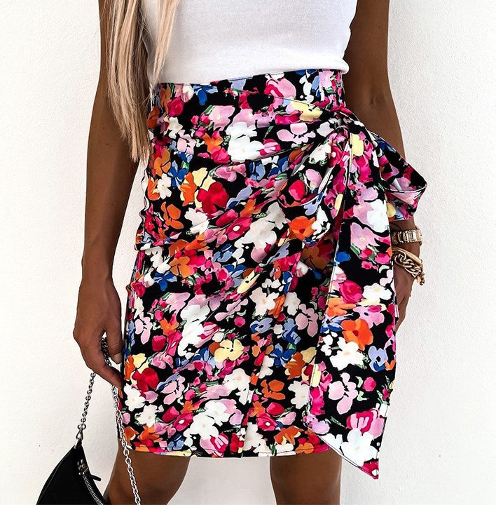 High Waist Floral Irregular Slim Skirt