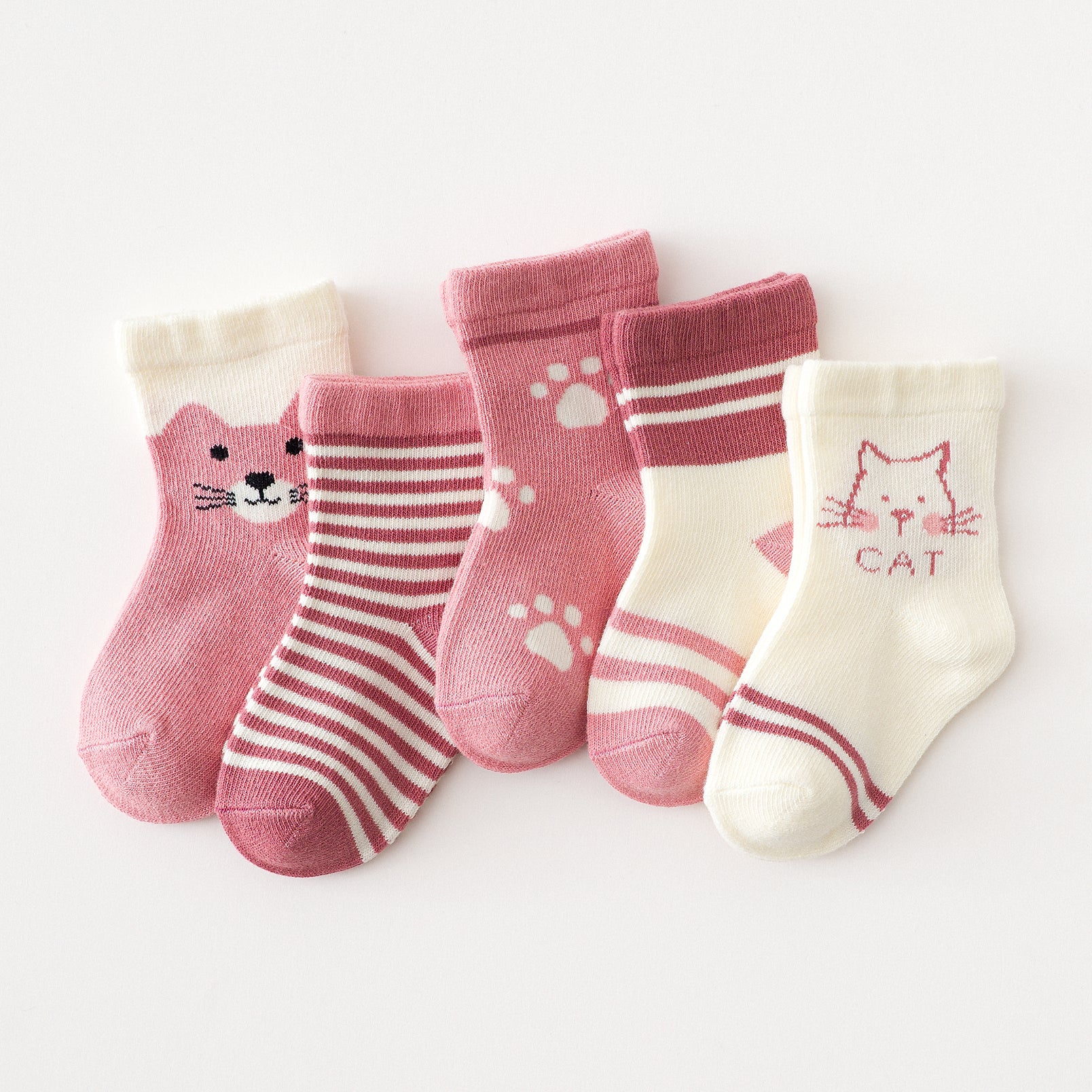 5 Pairs Of Children Four Seasons Tube Socks Pink Cat