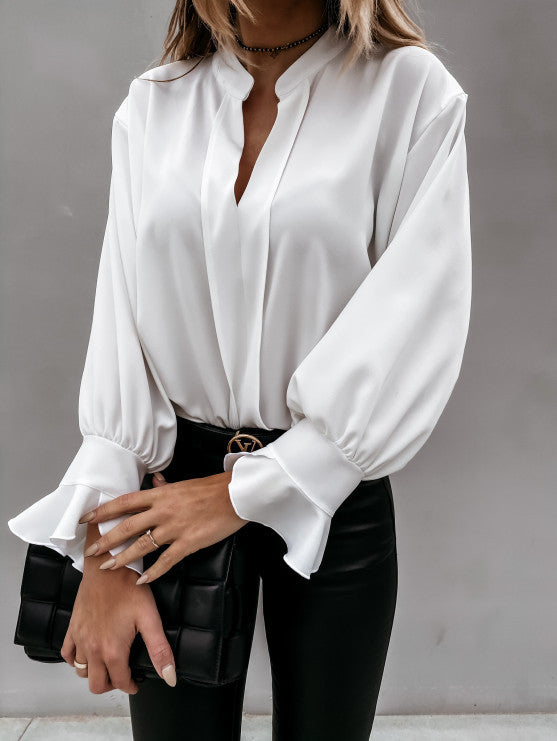 Solid Color Ruffled Long-Sleeved V-Neck Women Shirt