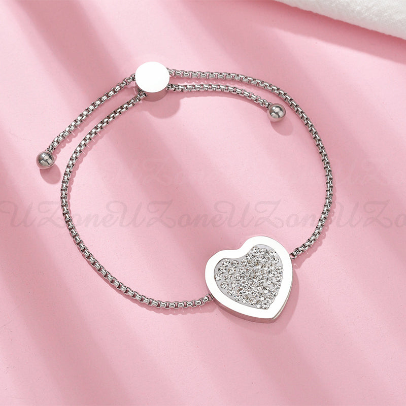 Fashion Clay Diamond Love Heart Bracelet Ladies Titanium Steel Peach Heart Square Pearl Adjustable Bracelet