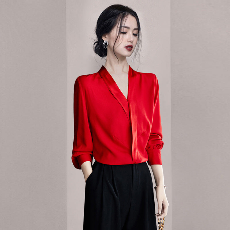 Satin Red V-neck Silk Shirt And Chiffon Top